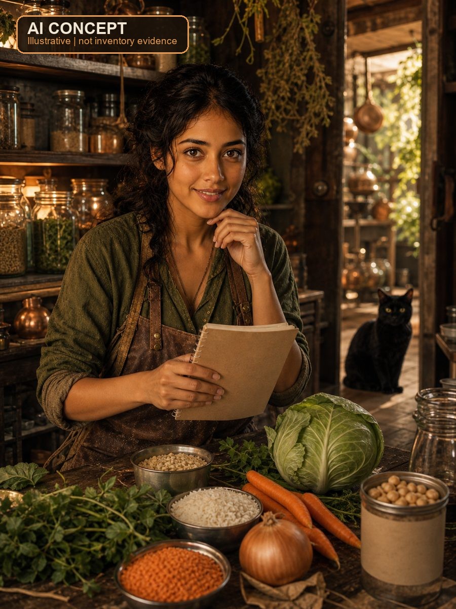 AI concept illustration of Avi at a wooden counter with a kraft notebook, surrounded by jars, lentils, rice, cabbage, carrots and herbs