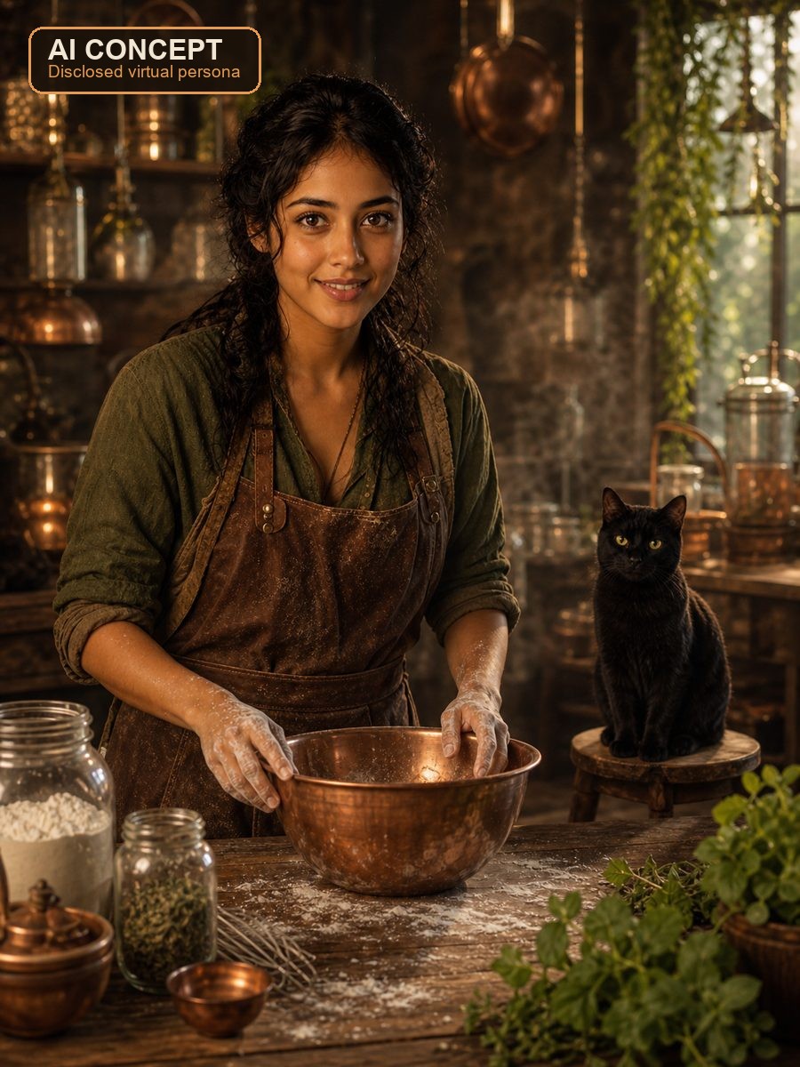 AI concept illustration of Avi in a warm copper-filled kitchen, mixing in a copper bowl while Compass the black cat supervises