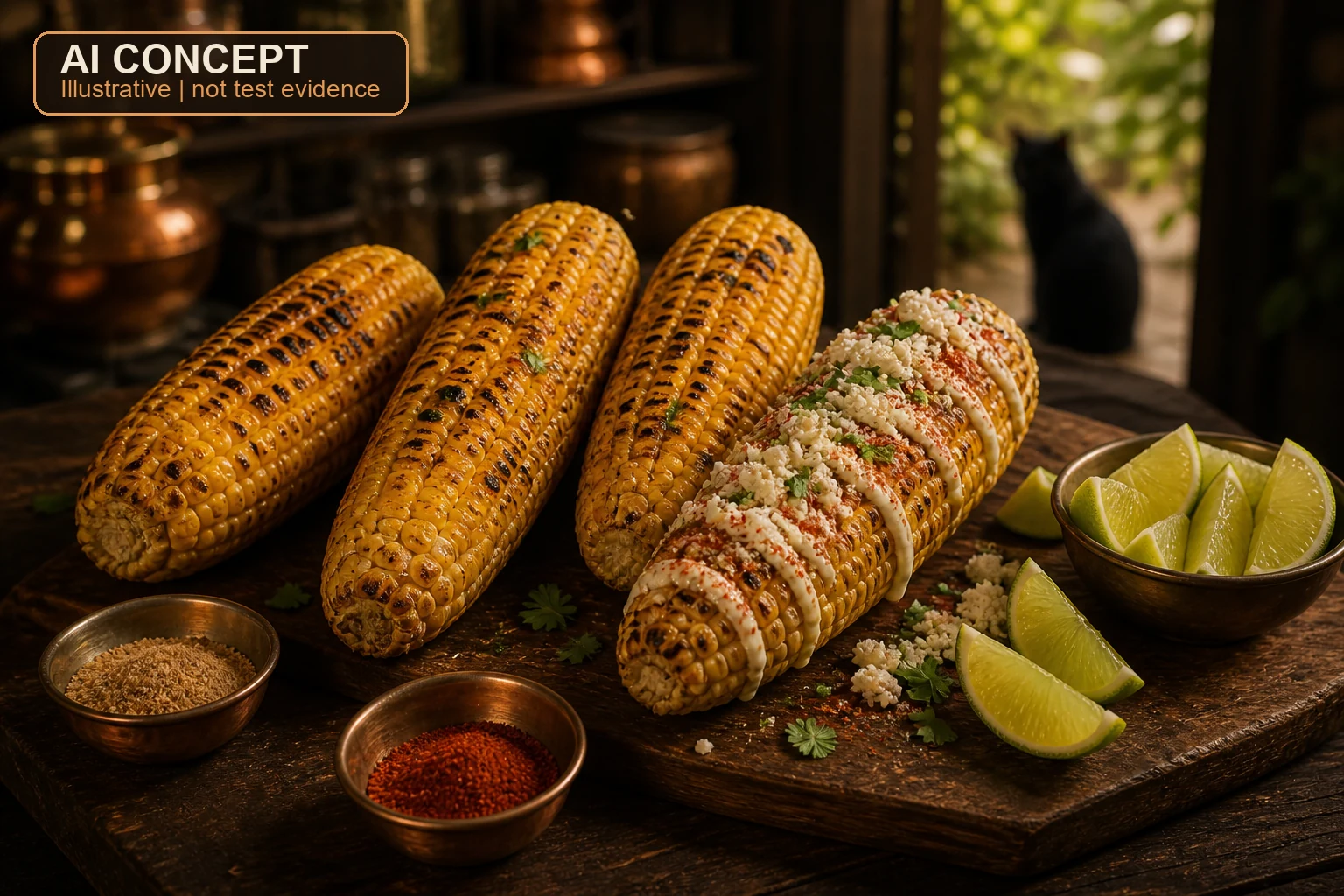 AI concept illustration of charred corn dressed with yogurt crema, red spice, white cheese, cilantro, and lime