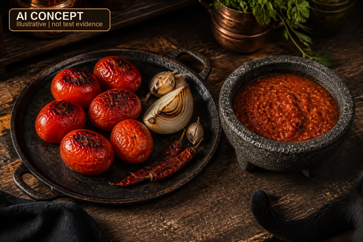 AI concept illustration of a comal with blistered tomatoes, onion, garlic, and red chiles beside a molcajete of salsa