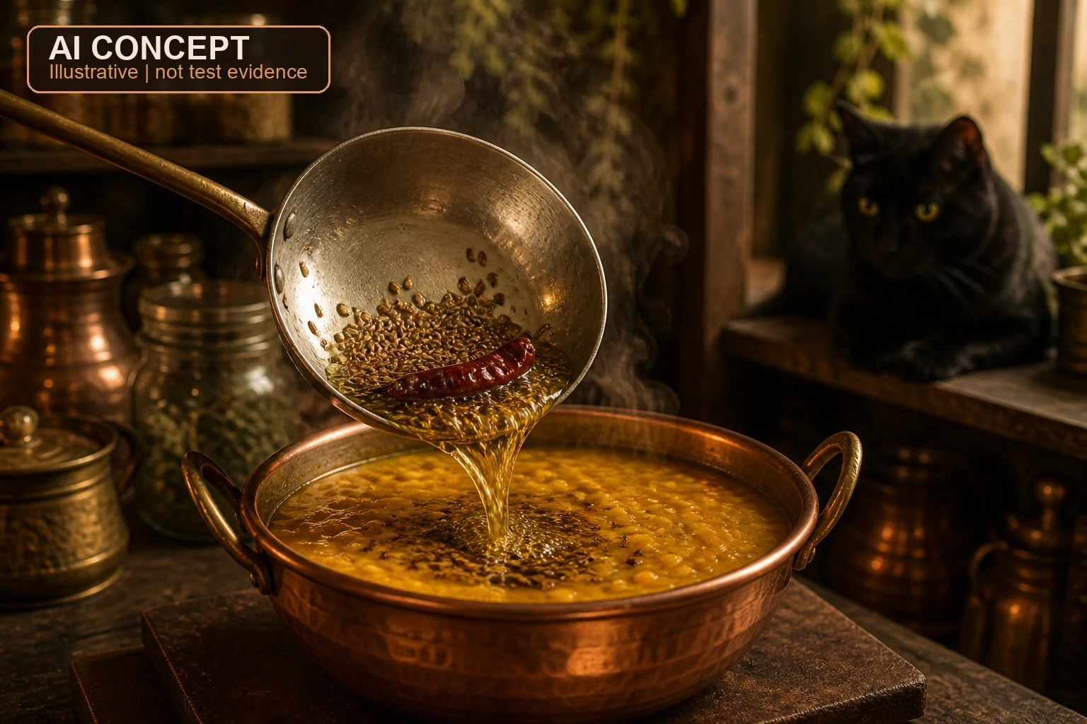 AI concept illustration of a copper bowl of golden dal as spiced ghee is poured over it, with a black cat watching from a shelf