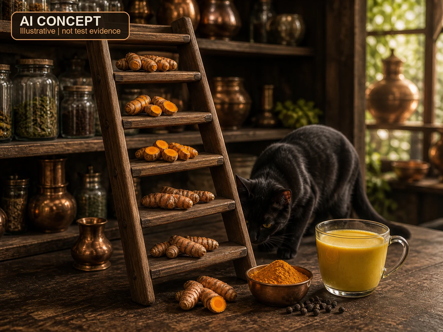 AI concept illustration of a wooden evidence ladder in a warm pantry with turmeric root, ground turmeric, and a golden drink on its rungs